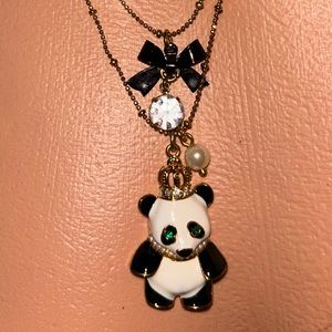 Betsey Johnson panda bear bow princess crown necklace green crystal vintage N153